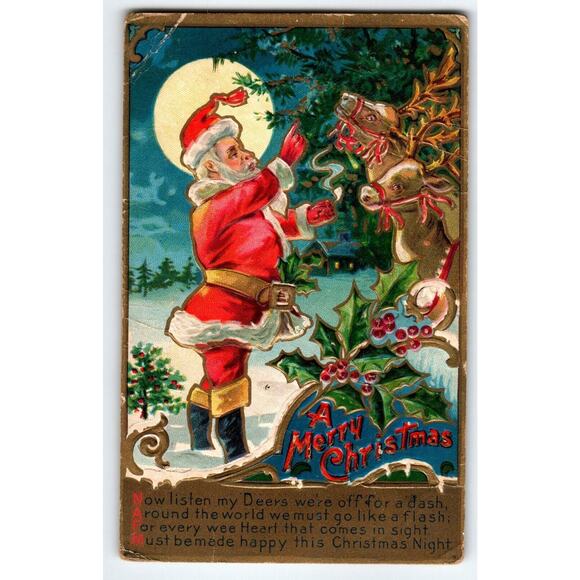 Santa Claus Christmas Postcard Reindeer Full Moon Antique Embossed 1909 Vintage - Picture 1 of 2